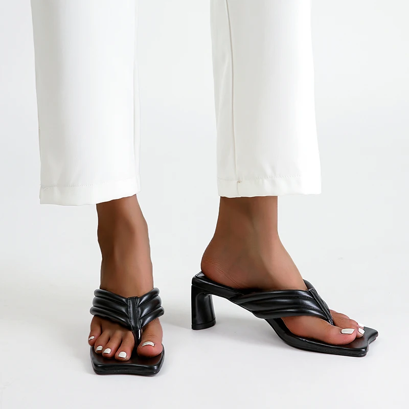 

Slippers Women Summer Luxury 2021 New Sexy Square Toe High Heels Flip Flops Sandals Woman Comfortable Plus Size Chaussure Femme
