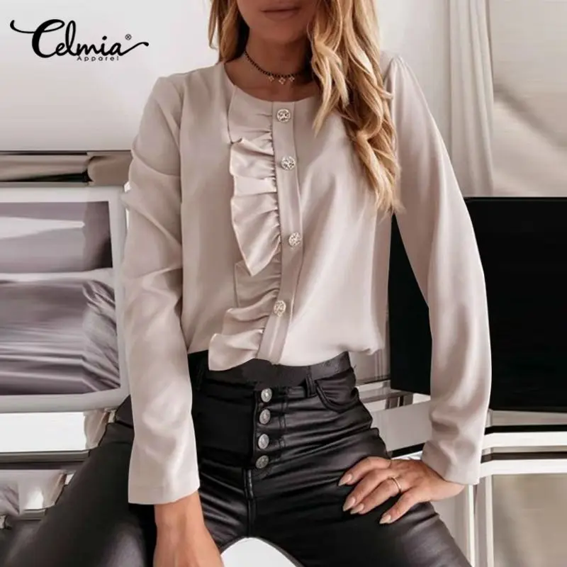 

Блузка Celmia женская с оборками и длинным рукавом, Повседневная Свободная рубашка для свиданий, элегантный модный топ на пуговицах с круглым ...