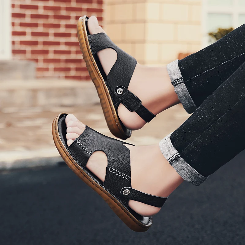 

Retro Mens Gladiator Sandals Summer High-quality Leather Mens Sandals Summer Outdoor Men Beach Sandals Non-slip Mens Water Shoes