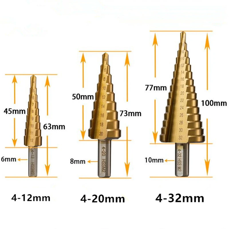 

Ступенчатое сверло, быстрорежущая сталь 6542 с титановым покрытием, 4-12/4-20/4-32 мм, конический резак с треугольным хвостовиком для металла, дерев...
