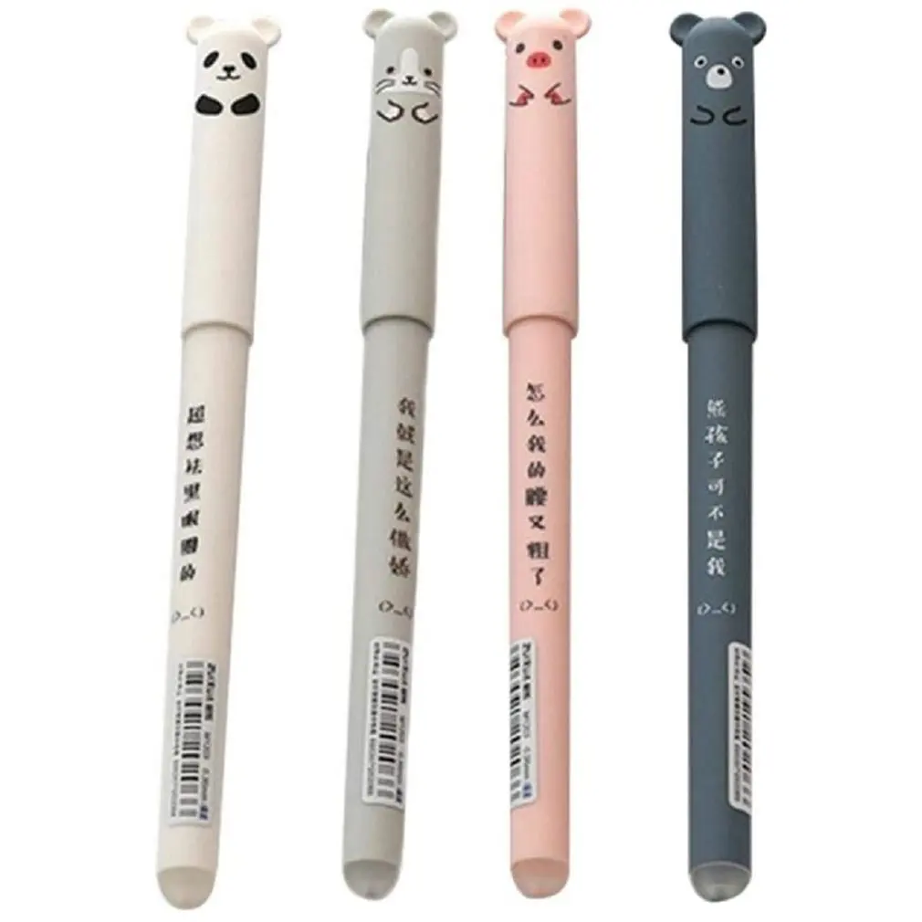 

4pcs Cartoon Animals Erasable Pen 0.35mm Refill Rods Cute Panda Cat Pens Kawaii Ballpoint pen For School Writing Washable Handle