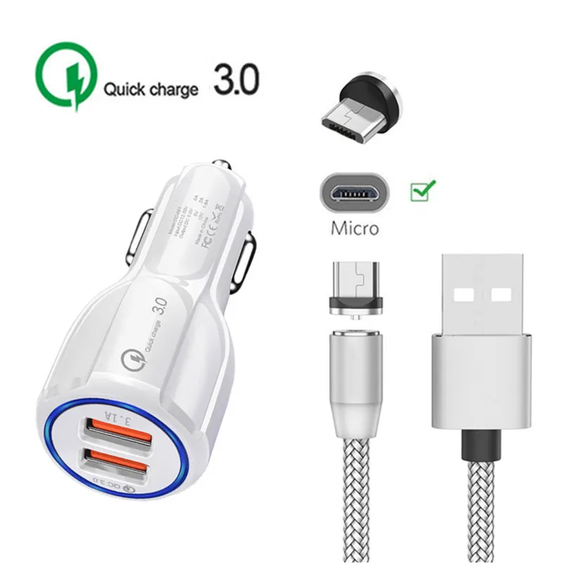 Car charger 1M cable Для samsung galaxy A10 A6 A7 J3 J7 J4 huawei Y5 Y6 Y7 мобильного телефона QC 3,0 быстрое зарядное устройство для автомобиля Магнитный кабель Micro-USB - Тип штекера: Car charger 1M cable