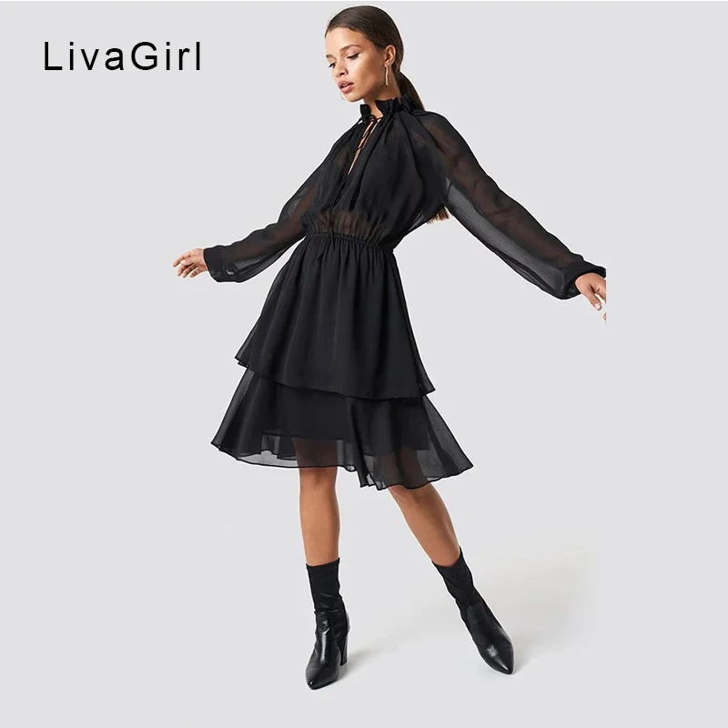 2019 осеннее шифоновое элегантное платье Бандажное с высоким воротником и