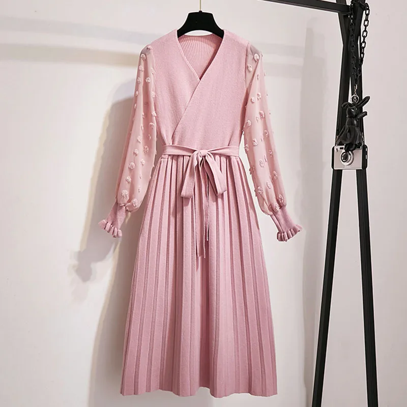 Willstage, L-4XL, плюс размер, трикотажное платье, шифон, рукав-фонарик, пэчворк, плиссированные платья, для женщин, талия, бант, на шнуровке, негабаритный - Цвет: apricot