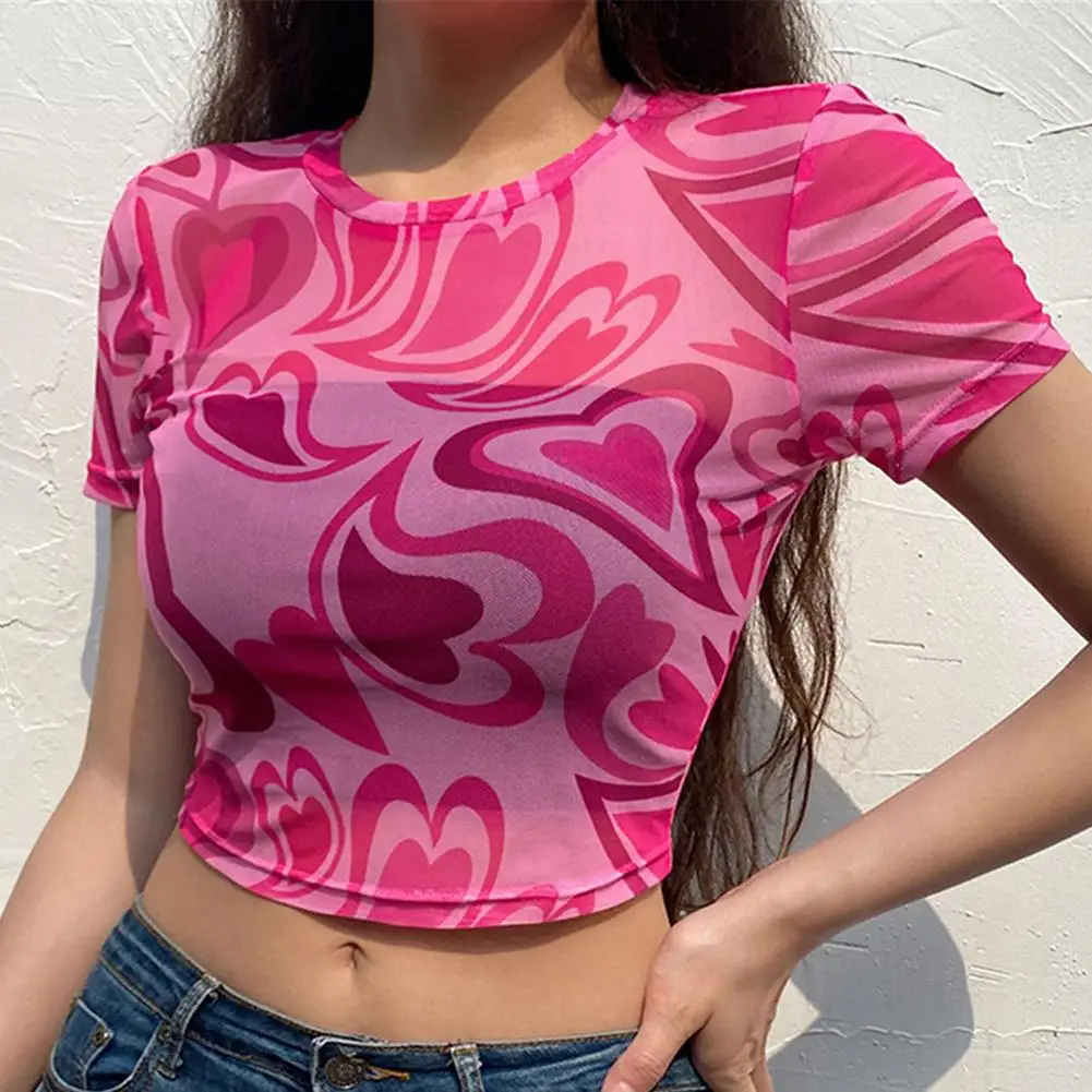 

Sexy mesh T-shirt lady irregular love print short sleeve tops perspective inner short T-shirt woman Breathable Cropped T-shirt