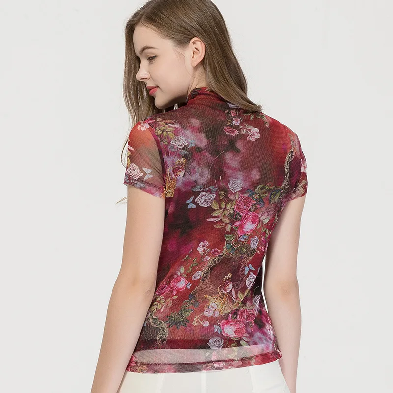Женская Двухслойная футболка из 100% шелка с коротким рукавом полувысоким