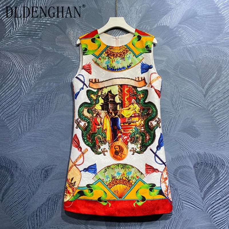 

Модельное дизайнерское Летнее мини-платье DLDENGHAN, женские платья без рукавов с круглым вырезом и бисером в китайском стиле с принтом