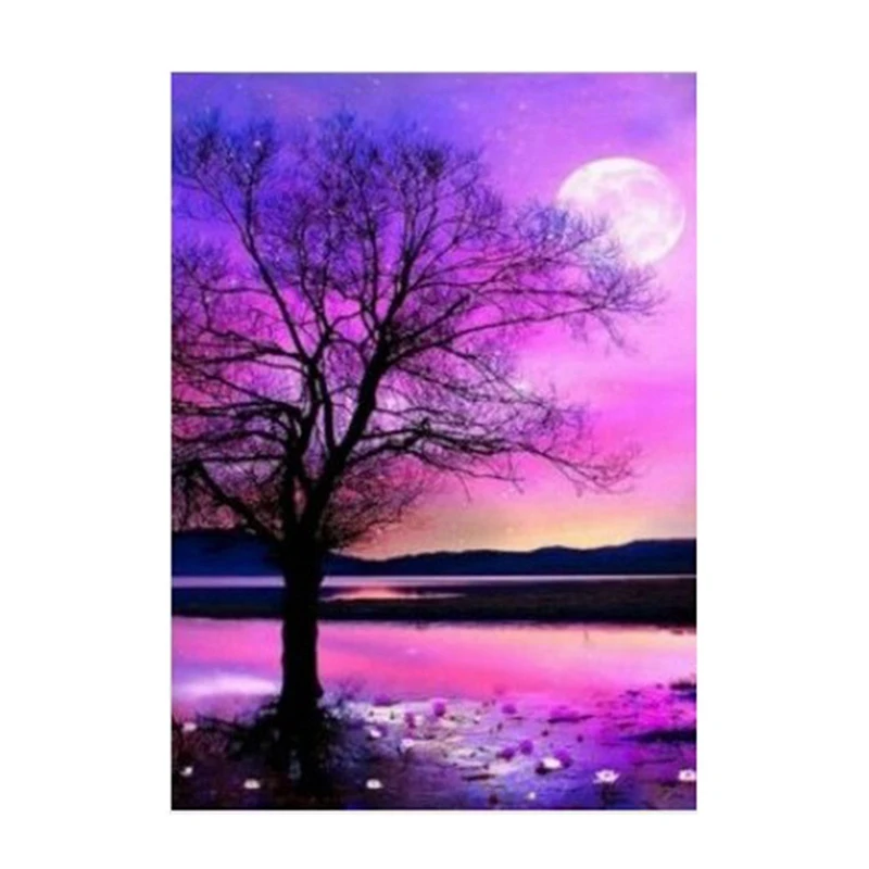 

Beautiful Moon Night Scene Decorative Paintings Trees Sunset Cross Stitch Paintings Sunset Wall Poster Sticker Home Decor