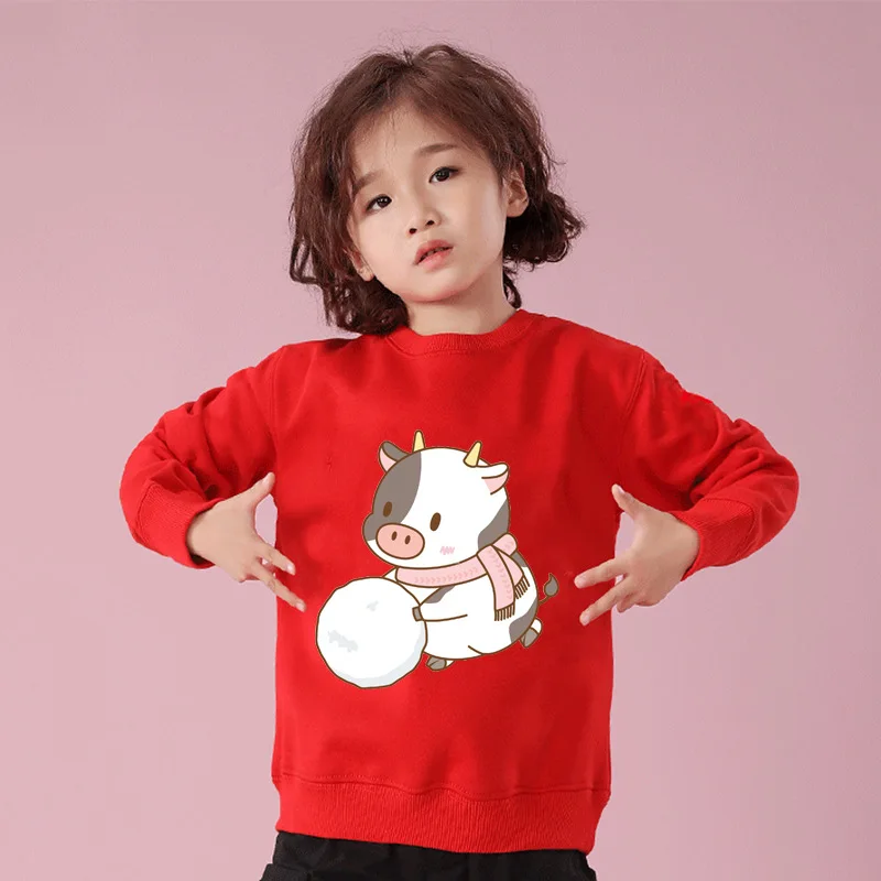 

2021 Happy New Year Hoodie Year of The Ox Red and Festive Round Neck Hoodie Girls Sweatshirt Zodiac Cartoon Boys Clothing Tops