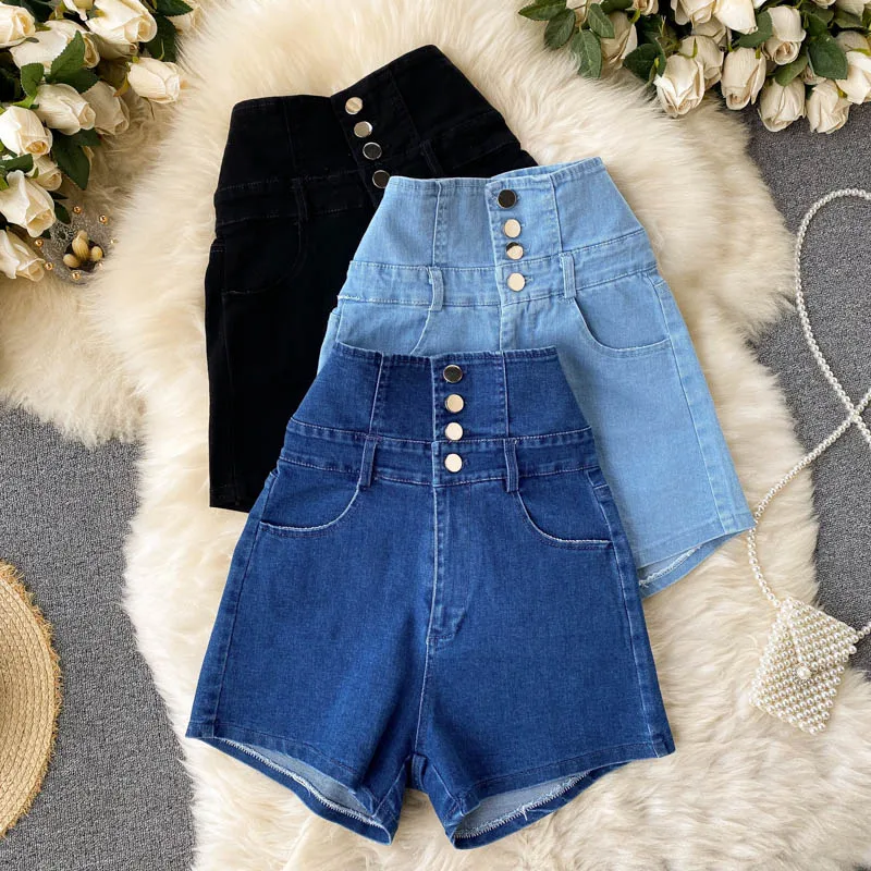 

2021 New-Coming Sexy Skinny Denim Knee Length Pants Women Street Style Back Lace-up High Waisted Jeans Button Thin Club Capris