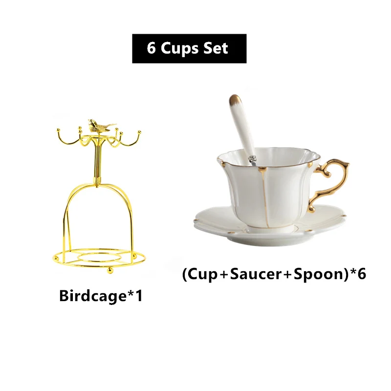 6Cups n Birdcage Золотой жемчуг костяной фарфор кофейная чашка блюдце ложка набор 200 мл Великолепная Современная фарфоровая чайная чашка кафе вечерние послеобеденные чайные чашки Прямая поставка - Цвет: 6Cups n Birdcage