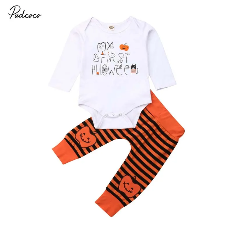 2019 Baby Spring Autumn Clothing Newborn Boy Girl Halloween Outfit Long Sleeve Romper Jumpsuit+Pant Pumpkin Print 2PCS Set | Детская