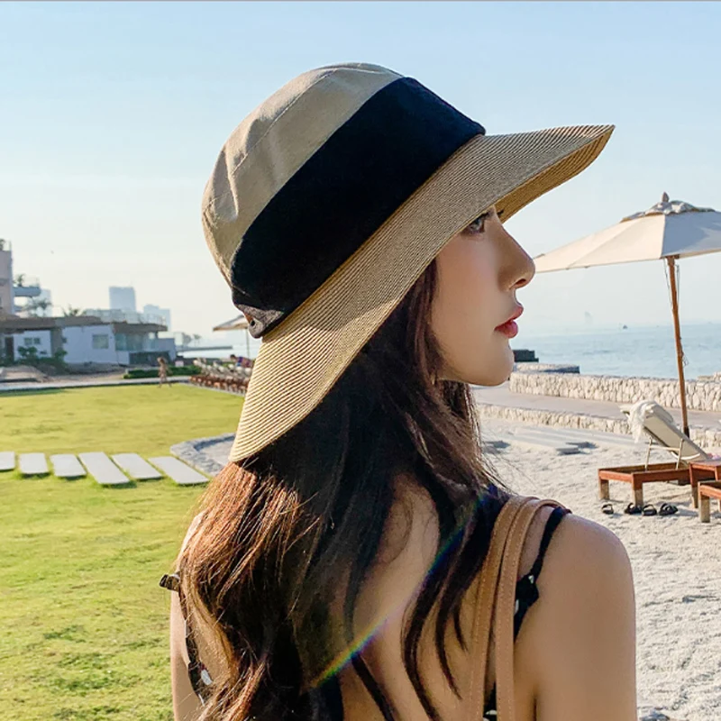 

Hats Women Wide Brim Summer Beach Sun Hat Cap Straw Hat Summer Hats For Women Foldable Anti-UV Visor Cap 2020 Female Cap