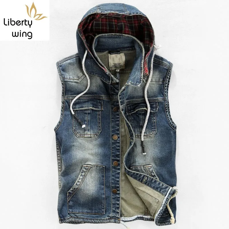 Мужская куртка без рукавов в стиле сафари с капюшоном жилет из потертого денима