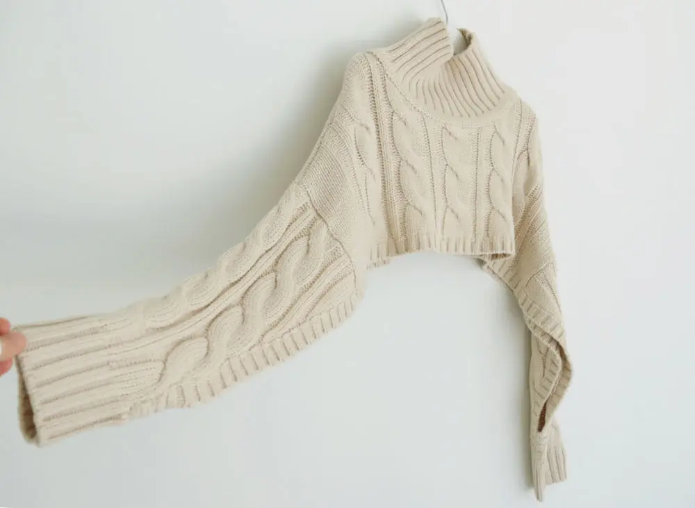 WHITNEY WANG 2019 Autumn Winter Fashion Streetwear Split Sleeve Turtleneck Short Sweater Women Jumper sueter mujer invierno | Женская