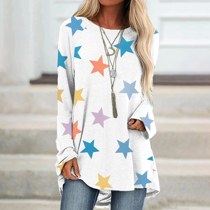 

2020 Autumn Star Print Casual Round Neck Pullover T-shirt Long Sleeves Sweatshirt Girls Women Vintage Hoodie Pullovers