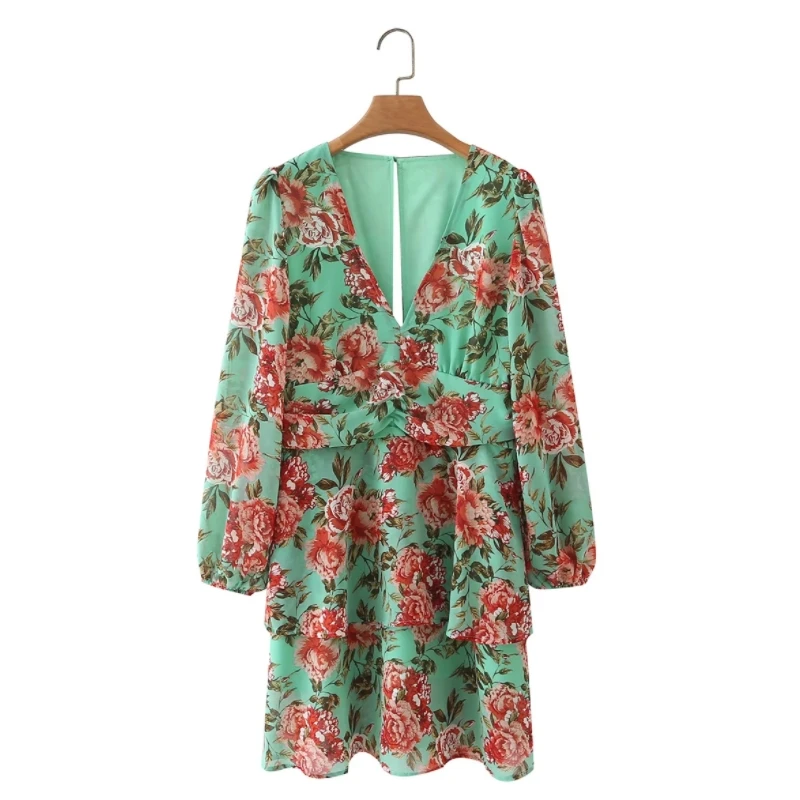 

Summer Women Floral Print Deep V Neck Cascading Ruffle Mini Dress Female Lantern Sleeve Clothes Leisure Lady Slim Vestido D7970