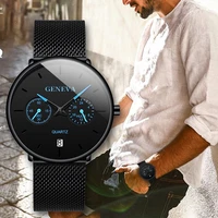 2021 minimalist mens fashion ultra thin watches top brand luxury watches mens alloy mesh calendar quartz watch reloj hombre