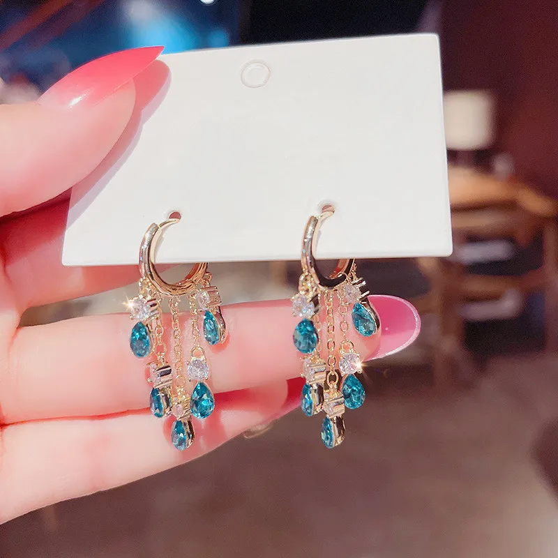 

High Grade Luxury Blue Crystal Zircon Stones Tassel Earrings For Women Wedding Party New Jewelry Earings Wholesale