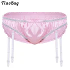 Мужское нижнее белье TiaoBug, блестящие тянущиеся атласные трусы с оборками на подкладке, трусы с треугольными вставками, нижнее белье, трусы с пластиковыми подвязками