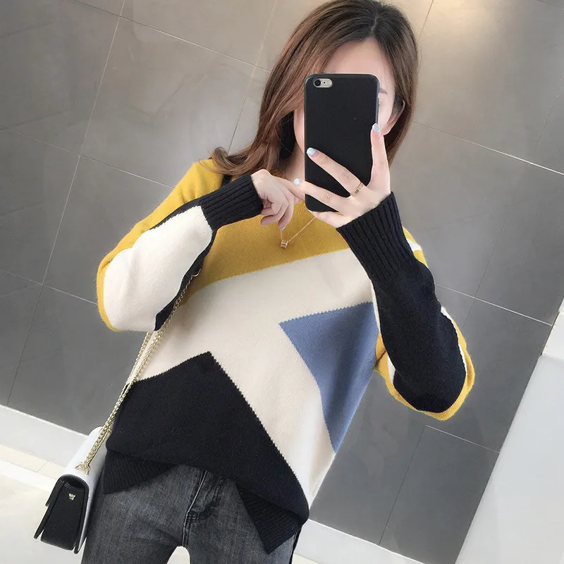 

2019 Fashion Patckwork Sweater Women Pullover Jumper Long Sleeve Thick Winter Clothes Rainbow Turtleneck Knit Sweaters Female