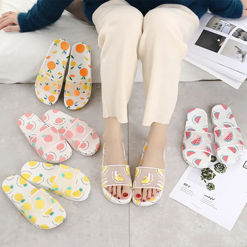 Шлепанцы женские прозрачные с мультяшным рисунком милые фрукты банан персик