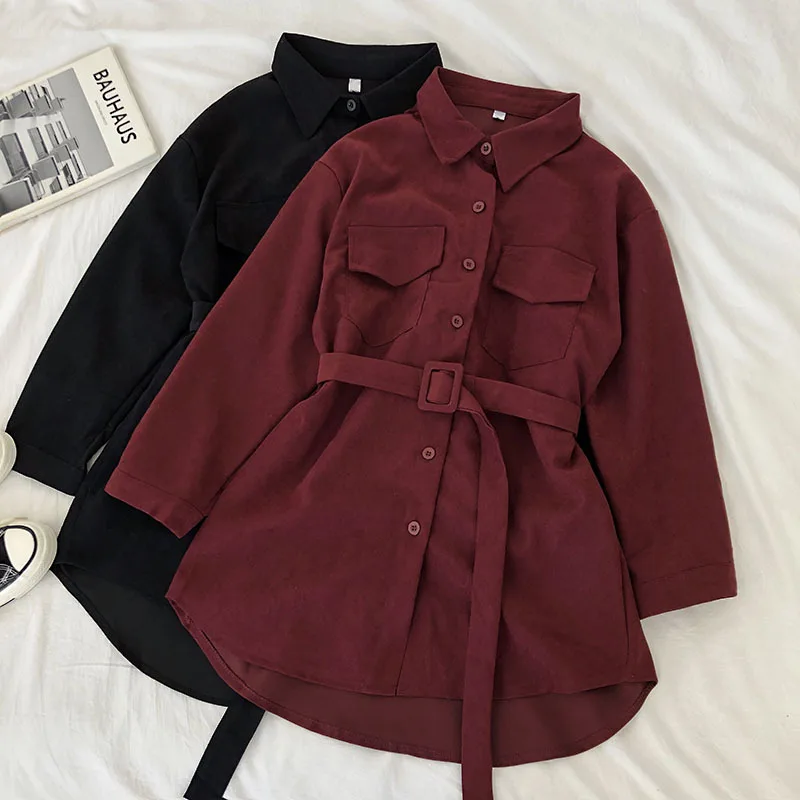 

Women Autumn Shirts Dress Retro Pockets Long Sleeve Bandage Winter Female New Fashion Solid Single-breasted Casual Blouse Dress