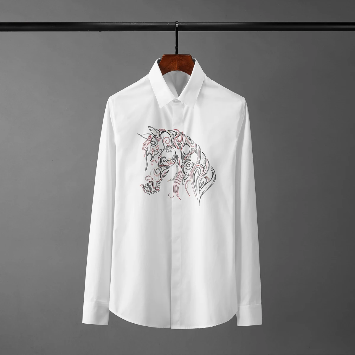 

Хлопковые мужские рубашки Minglu, высококачественные повседневные мужские рубашки с длинным рукавом и принтом красочной лошади, приталенные ...