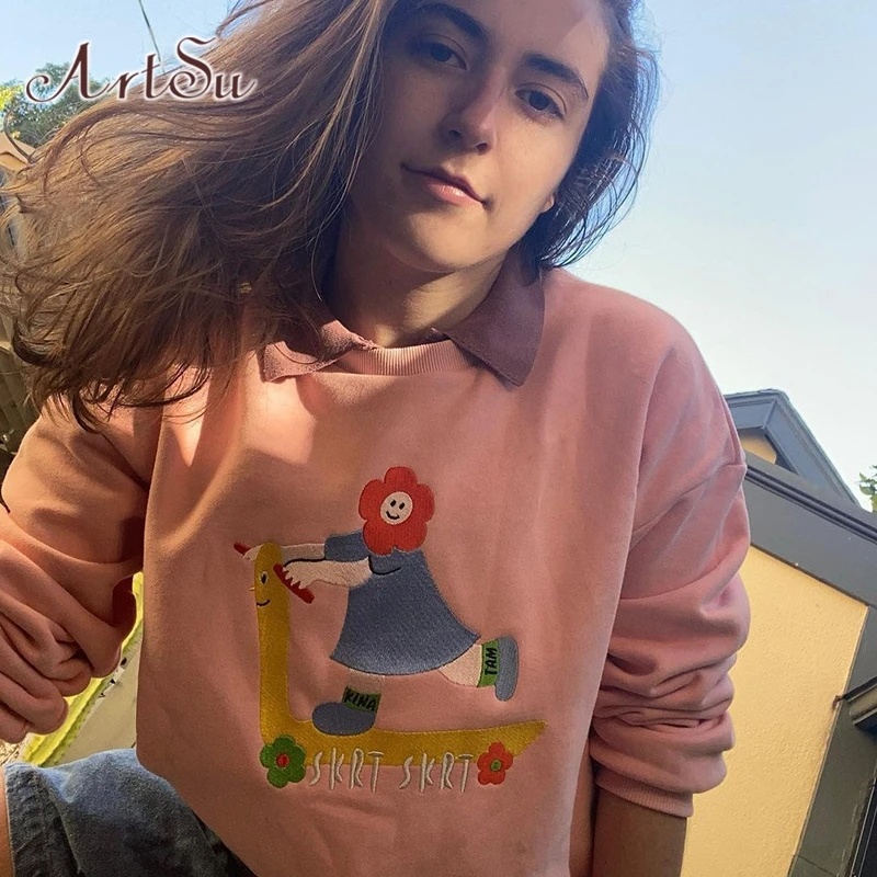 

Женский пуловер с длинным рукавом и вышивкой ArtSu, толстовка Y2K, зимняя Милая толстовка с капюшоном, теплая уличная одежда зеленого цвета