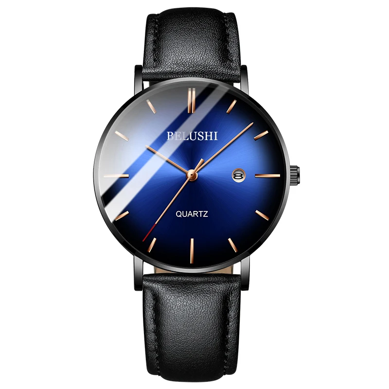 Leather Blue Gold BELUSHI, модные мужские часы, Топ бренд, Роскошные тонкие стальные сетчатые кварцевые часы, мужские деловые водонепроницаемые аналоговые наручные часы, мужские часы - Цвет: Leather Blue Gold