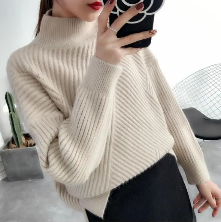 Women Winter White Turtleneck Knitted Pullover Sweater Korean Style Thick Pullovers Sweaters Ladies Fall Knit Tops | Женская одежда