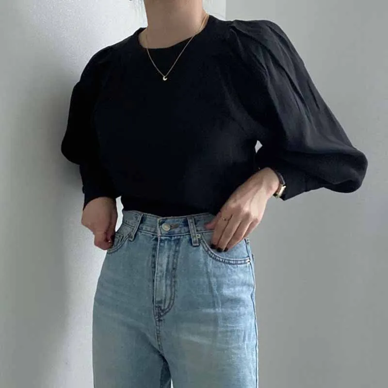 Женская блуза с круглым вырезом длинным рукавом-фонариком | одежда