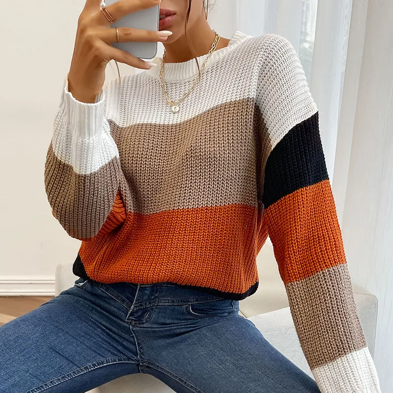 

Women's New Round Neck Striped Sweaters All Match Casual Lazy Pullover Long Sleeve Color Matching European Style Knitting Tops