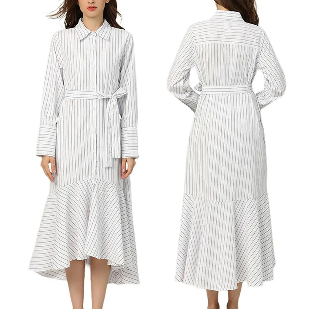 

Striped Ruffle Dress Fishtail Style Long Sleeve Dress Casual Shirt Straps Waist Dress