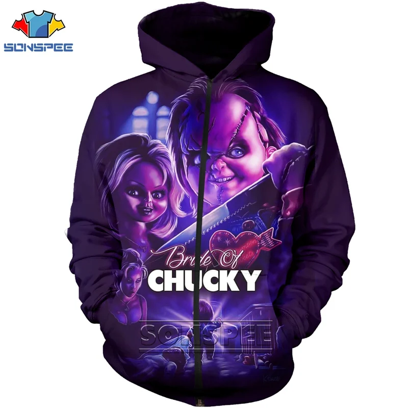 

SONSPEE 3D Print Clown Fashion Coat Men Women Hoody Horror Movie Chucky Zipper Hooded Pullover Casual Pocket Tops Brand Clothing