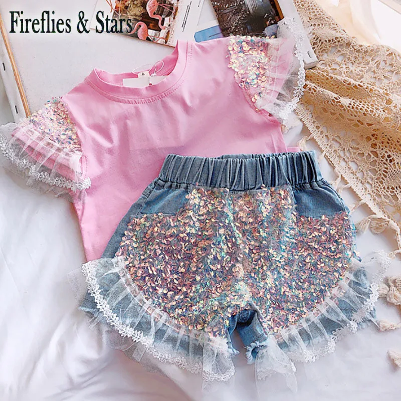

Summer girls hot shorts baby mini jeans kids denim shorts children bottoms streetwear bling sequin ruched mesh patch 3 to 9 yrs