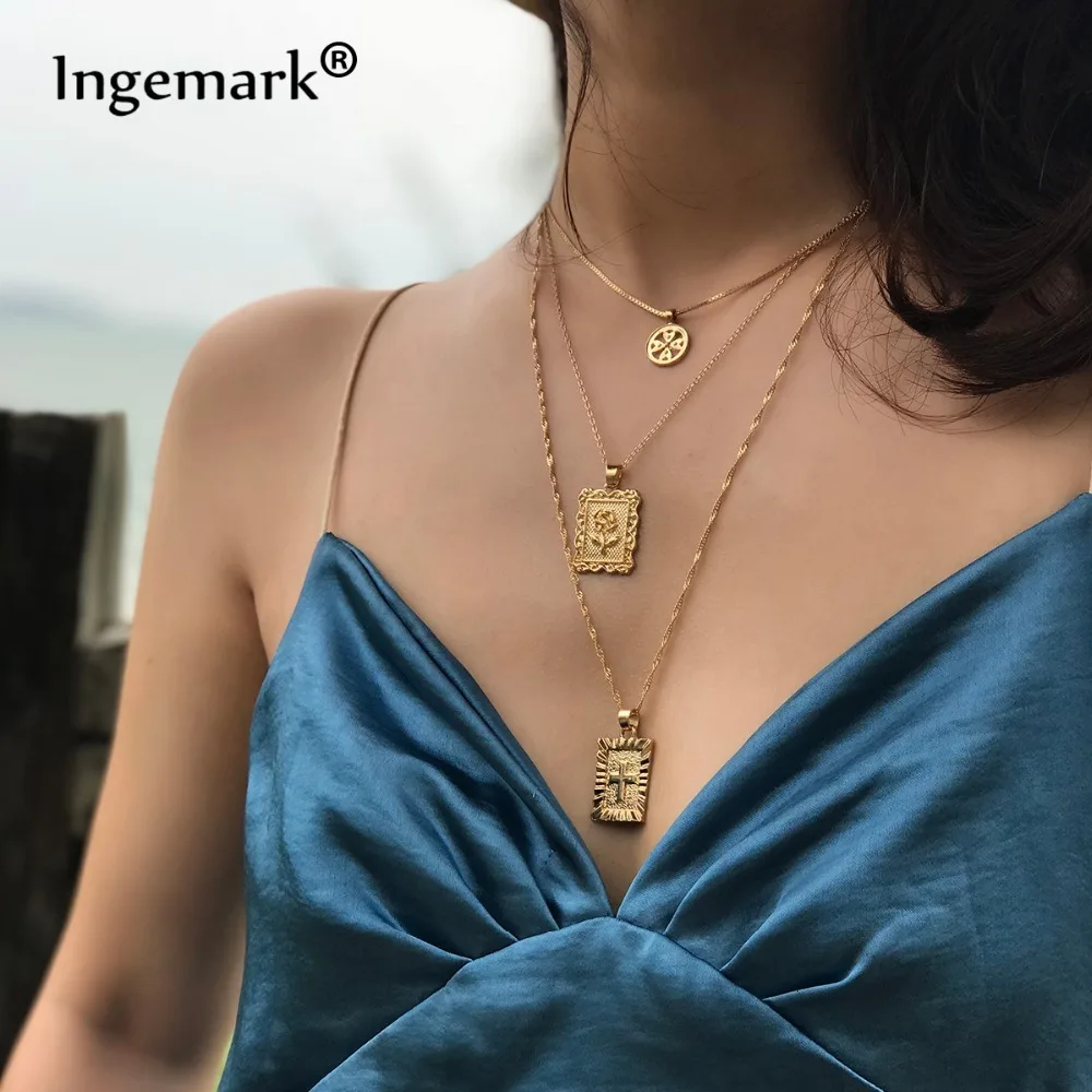 Ingemark массивное многослойное ожерелье-чокер Длинная цепочка Квадратный Кулон Из Розового Креста ожерелье s для женщин девушек модное ювелирное изделие