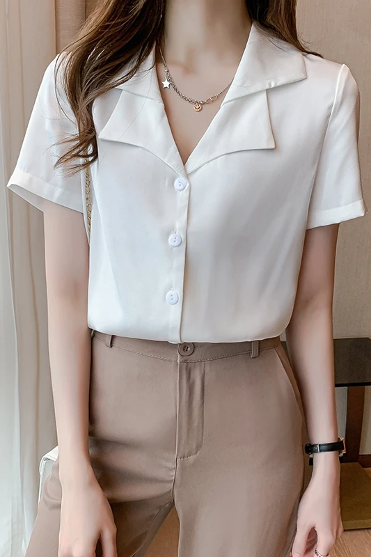 

Houthion Chiffon Slim Women's Blouses Fashion Short Sleeve Top New Casual Blouse Solid Color Buttons Polo Shirt Summer Blusas