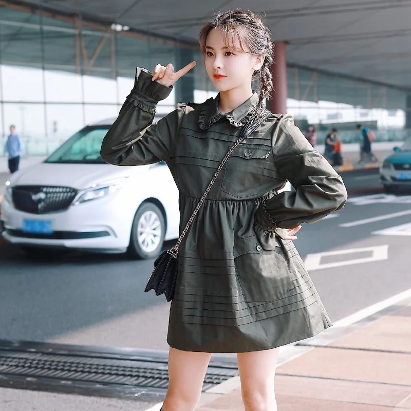 

Summer 2021 Spring Fashion Preppy Style Dress Ladies Peter Pan Collar Chest Pockets Back Button Long Sleeve Army Green Dress