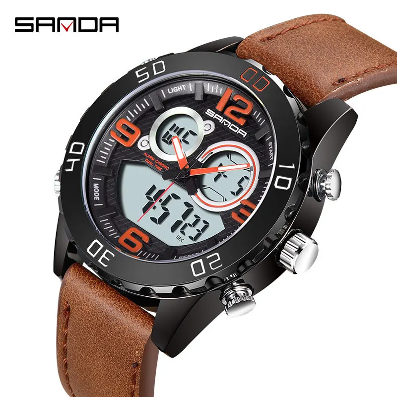 

Fashion Sanda Bj772 Top Brand Watch Male Student Electronic Man Leather Strap Waterproof Youth Trend Double Display Men's Watch