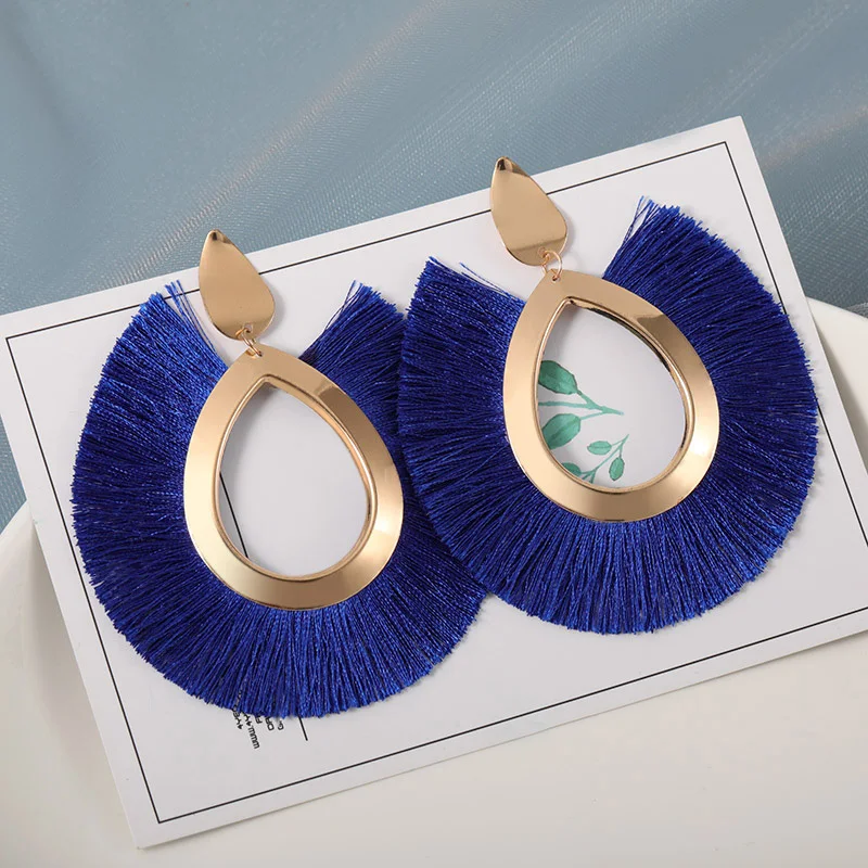 Blue Новые модные богемные серьги с кисточками для женщин из хлопка и шелка, длинные висячие серьги с бахромой, вечерние женские ювелирные изделия - Окраска металла: Blue