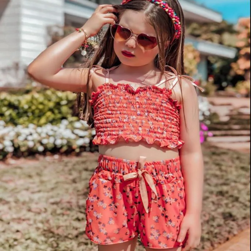 

2Pcs Girls Outfit Baby Camisole Shorts Flower Printing with Bow Decoration Cool Summer Clothing Girls Shorts And Top 1-6 Years