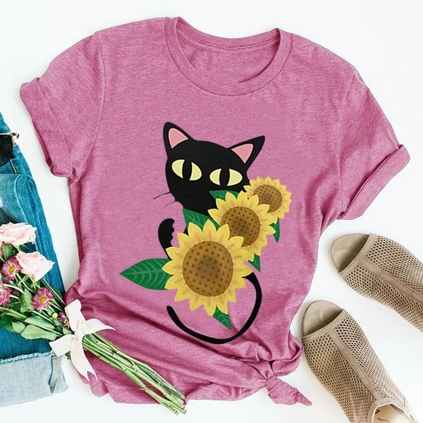 

Lazy Cat Sunflowers Print Funny Women T-shirt Short Sleeve Summer T-shirt Graphic Tees Women Clothes Ropa De Verano Mujer