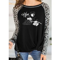 wine grapes glass shirt female t shirts women casual autumn leopard long sleeve round neck girl tops tee