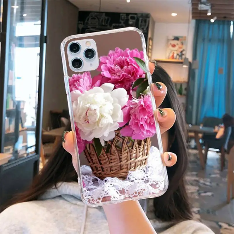 

Pink Purple Peony Flower Phone Case Transparent for iPhone 6 7 8 11 12 s mini pro X XS XR MAX Plus se cover funda shell