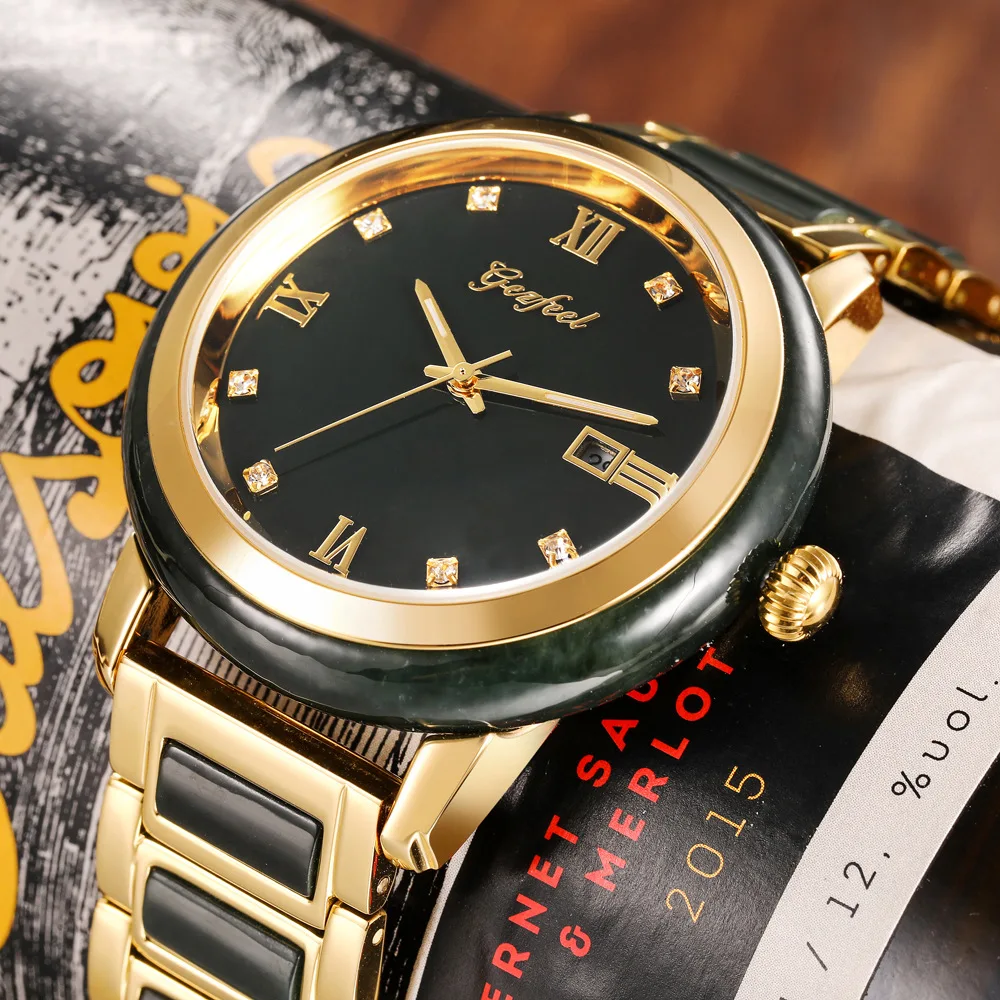 

Pure Natural Men Jade Watch Dark Green Dial Calendar Clock Waterproof Stainless Steel Men's Quartz Watches Luminous Hands Women