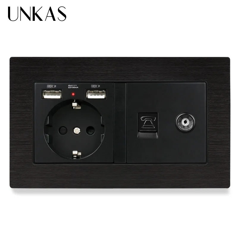 UNKAS Алюминий Панель Европейская Сетевая розетка с двумя портами USB зарядка Порты