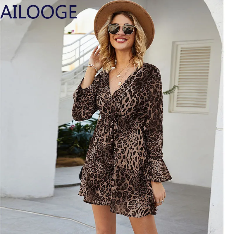 

Spring Summer V-Neck Long Sleeve Casual Boho Beach Short Mini Dress Vestidos Robe Femme Fashion Leopard Dress Women