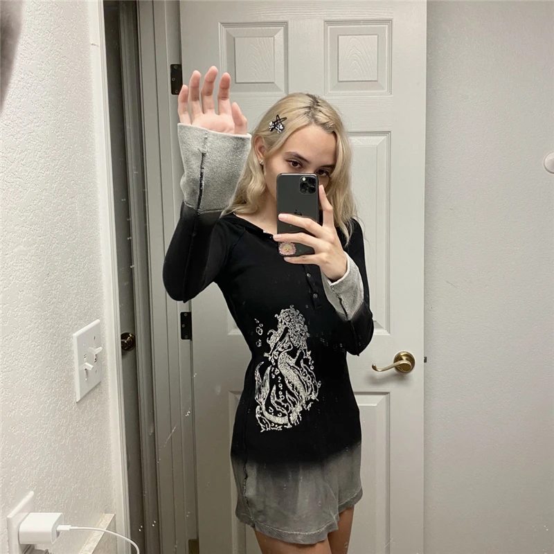 

Gothic Graphic Retro Hooded Dresses Autumn Gradient Vintage Fairycore Clothes Dark Academia Cute Long Sleeve Mini Dress