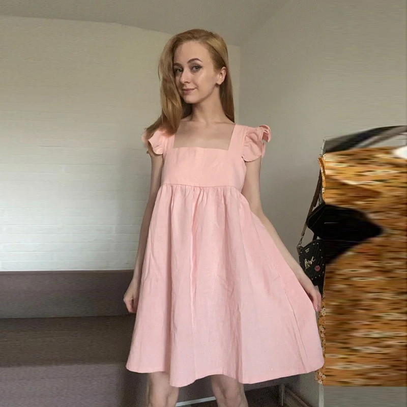 

Casual Square Collar Butterfly Sleeve Mini Sweet Dress Woman Backless High Waist Loose Linen Solid Dress 2021 Summer